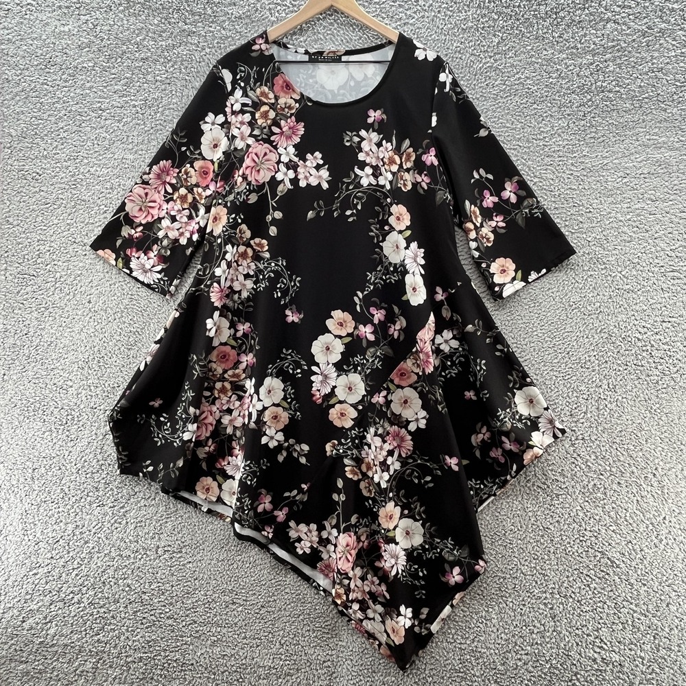Bryn Walker Top Women Large Black Floral Art Lagenlook Long Tunic Blouse USA‎